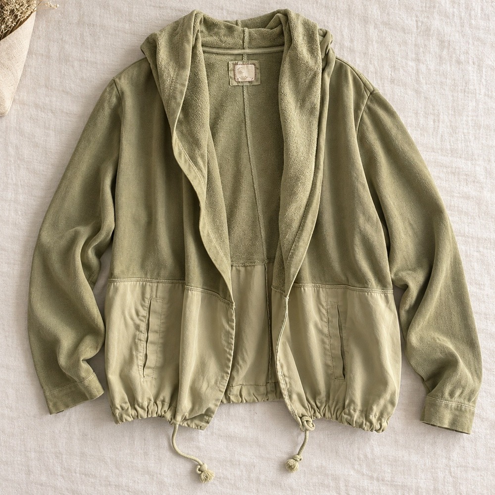 Anthropologie Postmark Olive Green Mixed Media Hooded Open Cardigan Medium